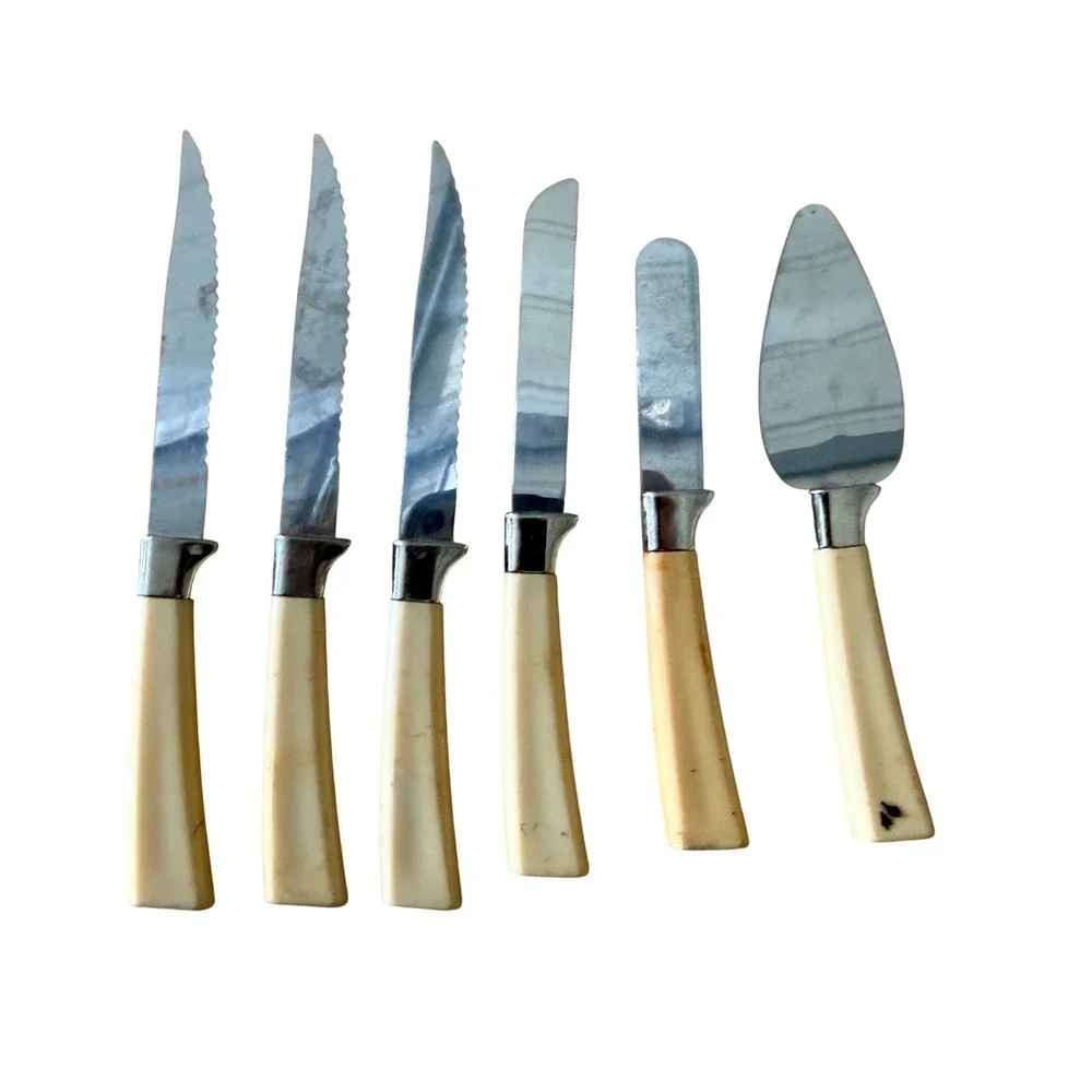 Vintage Regent Sheffield‎ England 6pc Cutlery Set MCM Stag Leaf Handle Knives